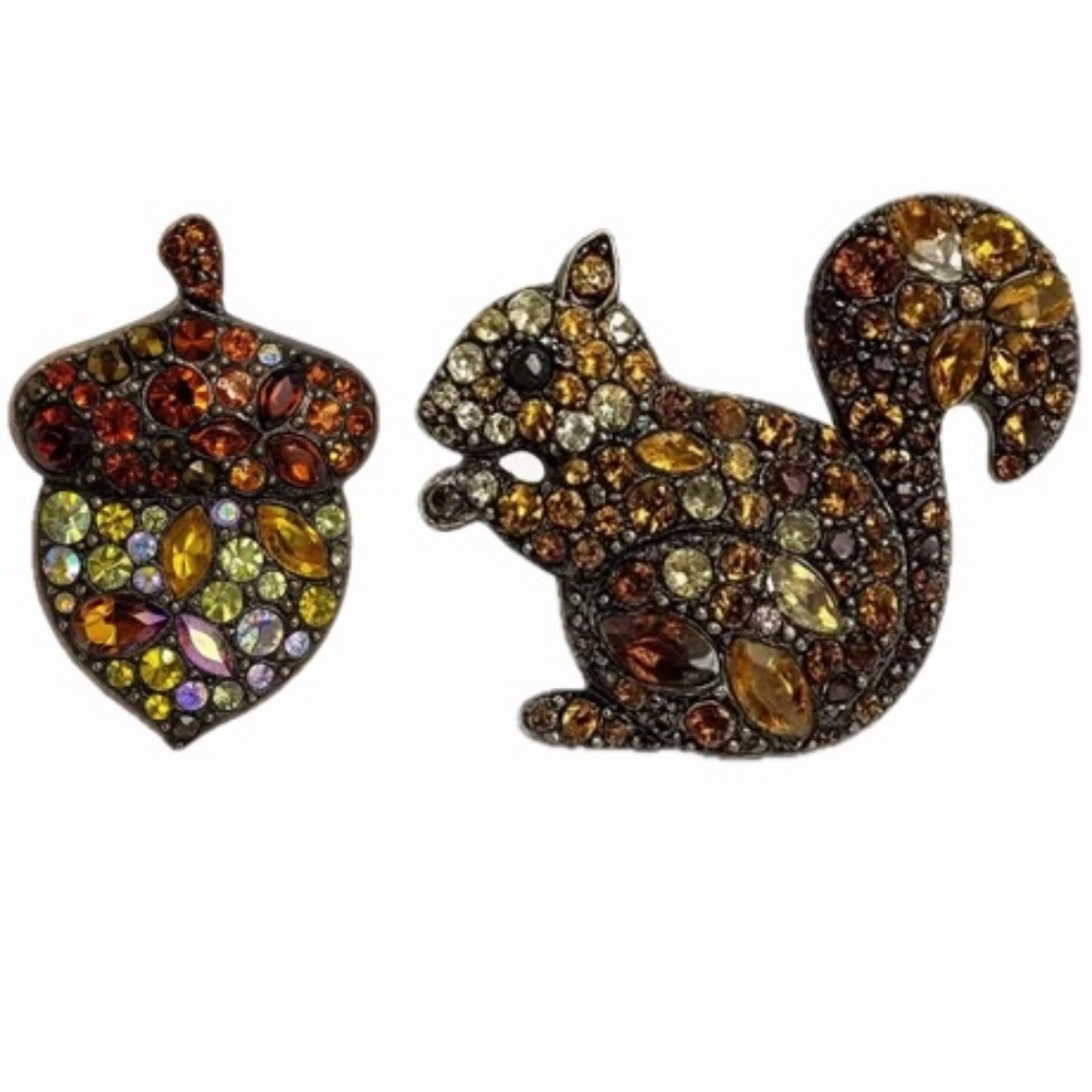 🐿️ Sparkling Nature Squirrel & Acorn Multicolor Rhinestone Brooch Set
